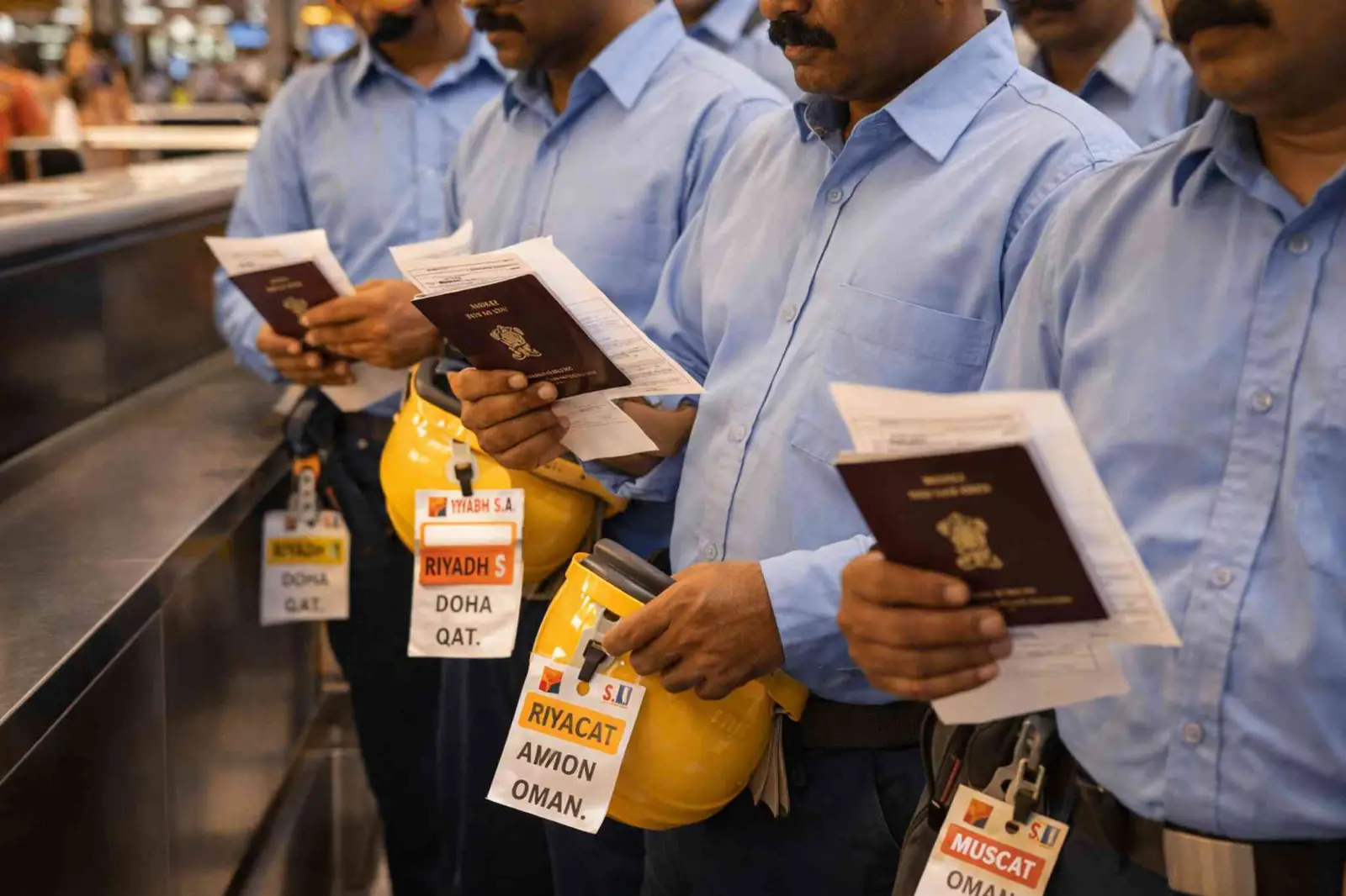 Indian workers at airport departing for GCC jobs