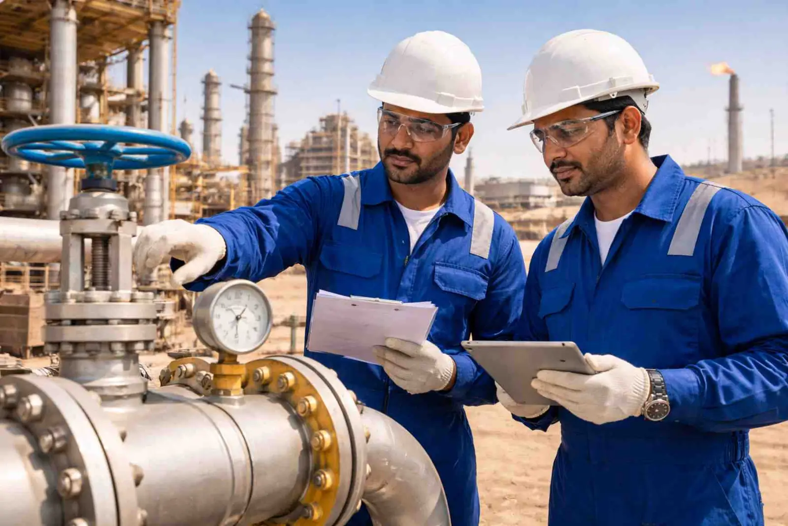Industrial workers at a Kuwait oil facility