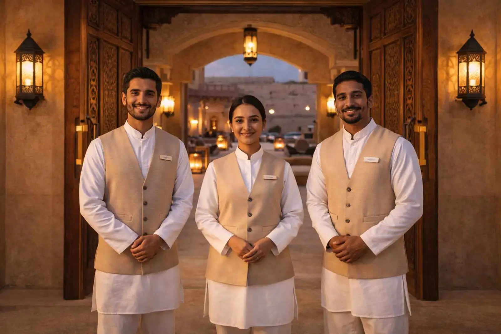 Hospitality workers at an Oman luxury resort