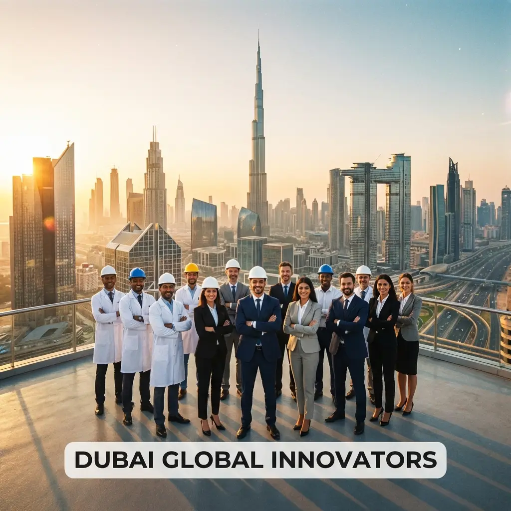 Diverse professional workforce in front of Dubai skyline